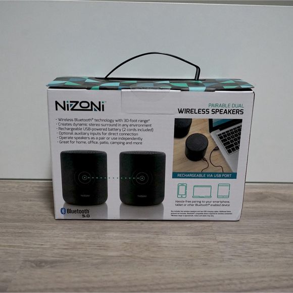 NEW! Nizoni Bluetooth Wireless Speakers Pairable Dual Up to 30ft Black - Picture 3 of 5
